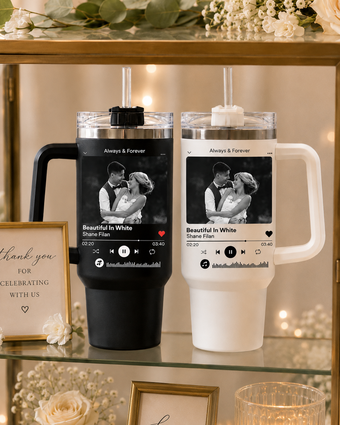 Set of 2 Personalized Photo Music Plaque Tumblers for Wedding Songs Custom Picture Coffee Travel Mugs with Song Title and Artist