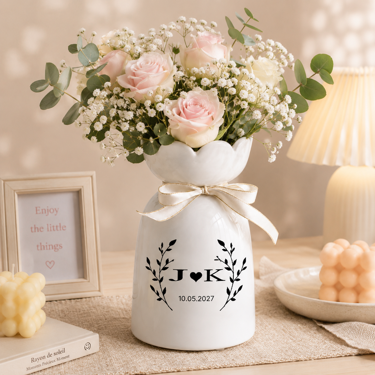 Elegant Custom Ceramic Vase - Personalized Anniversary and Wedding Keepsake White Flower Vase with Customizable Names and Date
