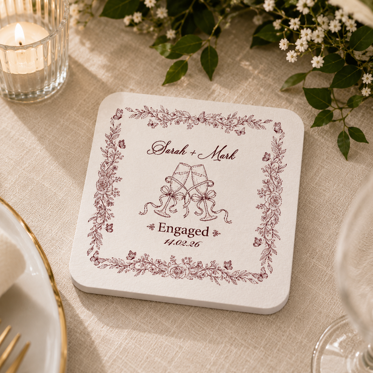 Personalized Engagement Coaster Custom Couple Name Multi-Color Wedding Favor Coaster Bridal Shower Drink Coaster Set