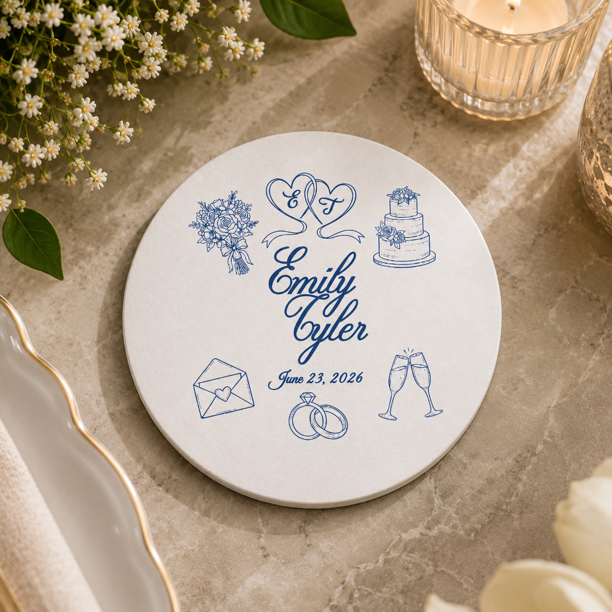 Personalized Wedding Coaster Custom Couple Names and Wedding Date Icon Drink Coaster Engagement Bridal Shower Keepsake