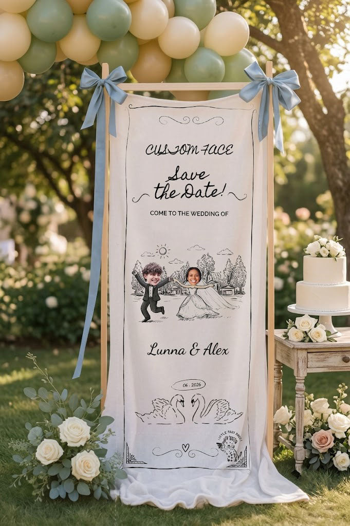 Personalized Wedding Banner with Custom Face Art, Custom Couple Illustration Fabric Wall Hanging, Unique Wedding Reception Ceremony Decor