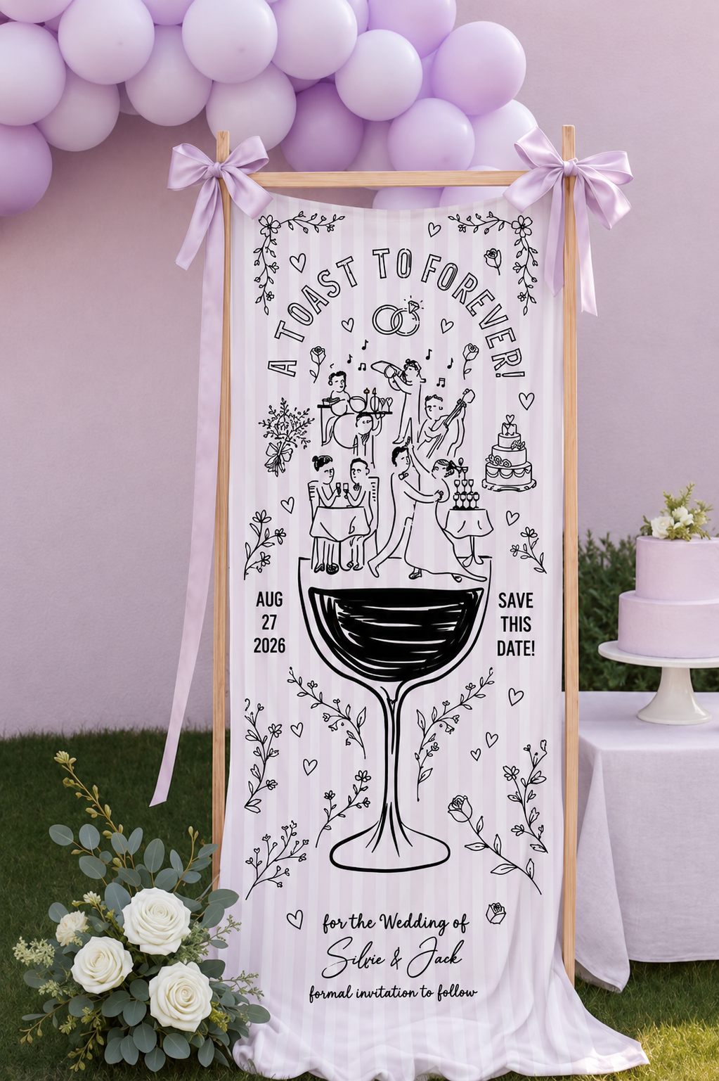 Personalized Wedding Toast Illustration Banner Custom Names and Date Decorative Fabric Tapestry for Ceremony Reception and Wall Decor