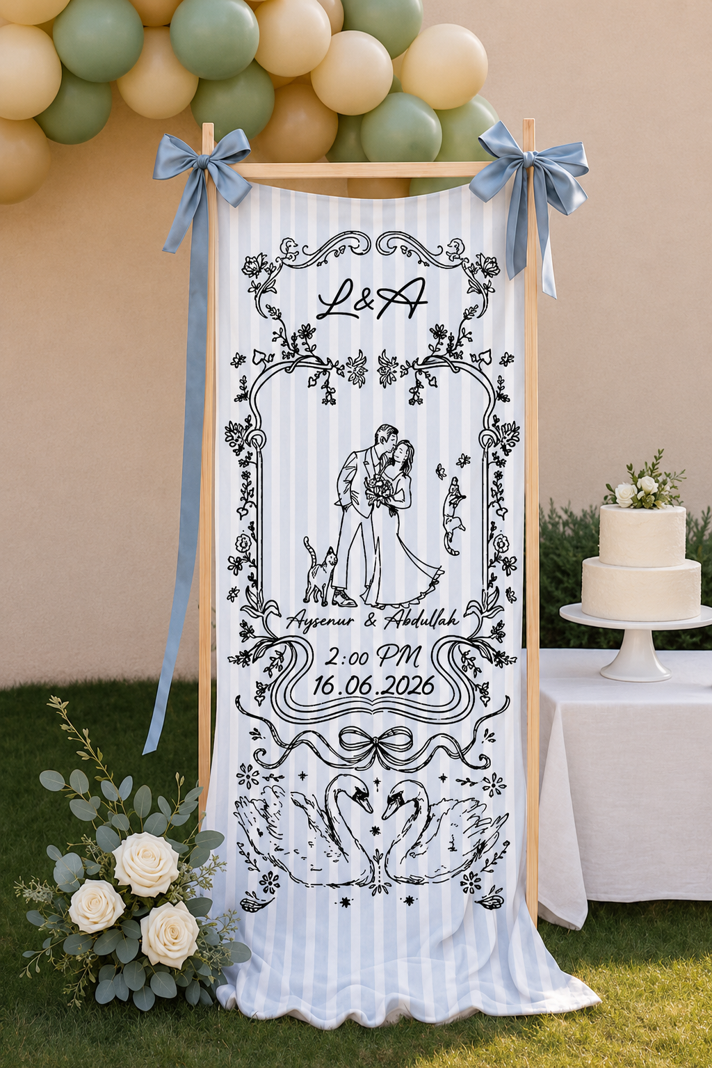 Personalized Wedding Botanical Monogram Banner Custom Couple Name Wedding Date Floral Tapestry Wall Hanging Ceremony Sign
