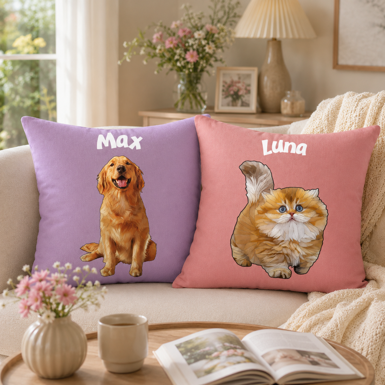 Personalized Custom Pet Photo Pillow Case - Custom Dog and Cat Portrait Throw Pillow Cover with Name - Unique Pet Lover Gift