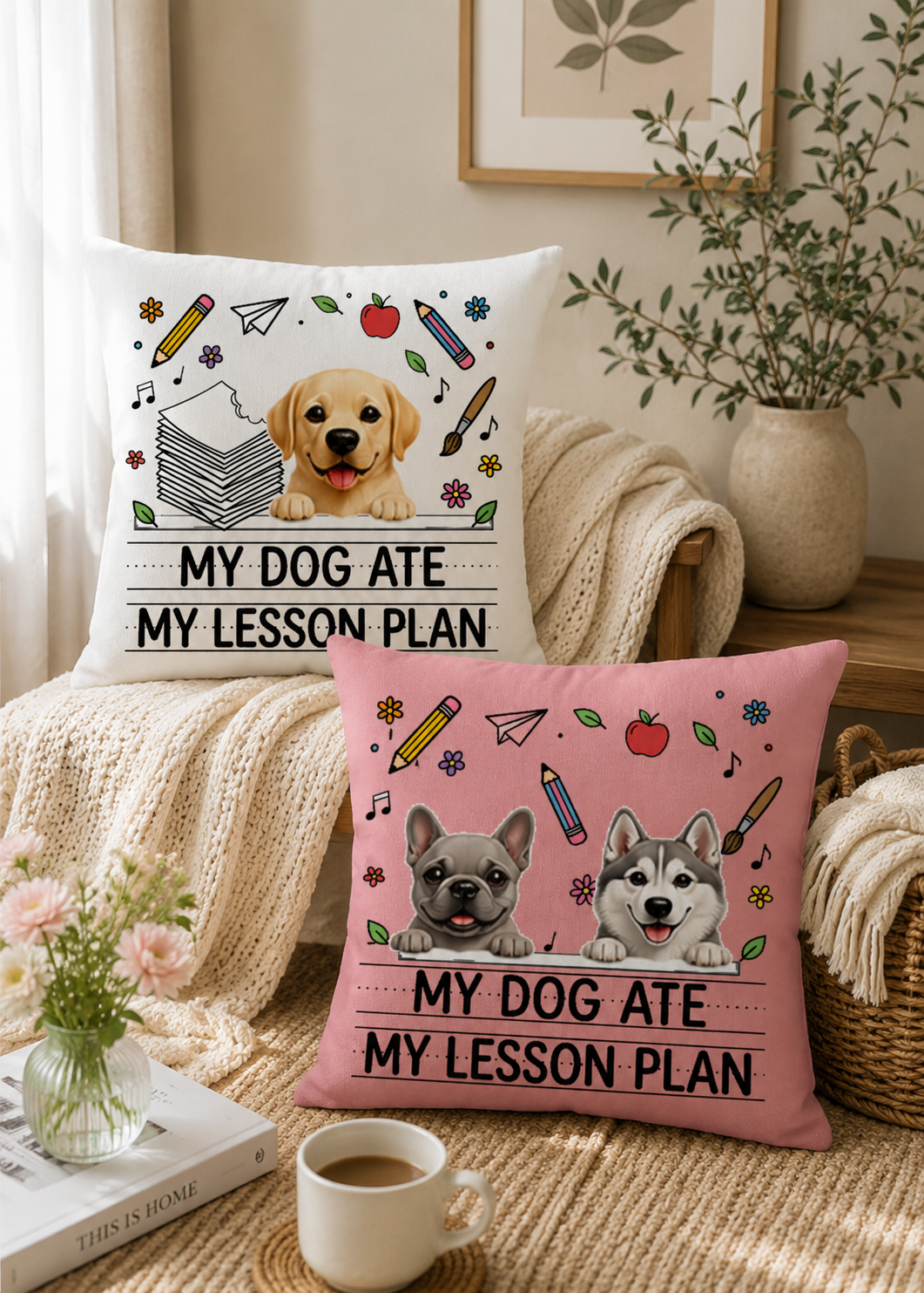 My Dog Ate My Lesson Plan Personalized Pillow Case, Custom Dog Lover Teacher Gift, White Decorative Square Throw Pillow Cover with Name