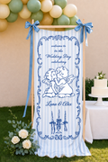Personalized Vintage Cherub Wedding Banner Custom Couple Names and Date Fabric Wall Hanging Backdrop Decor