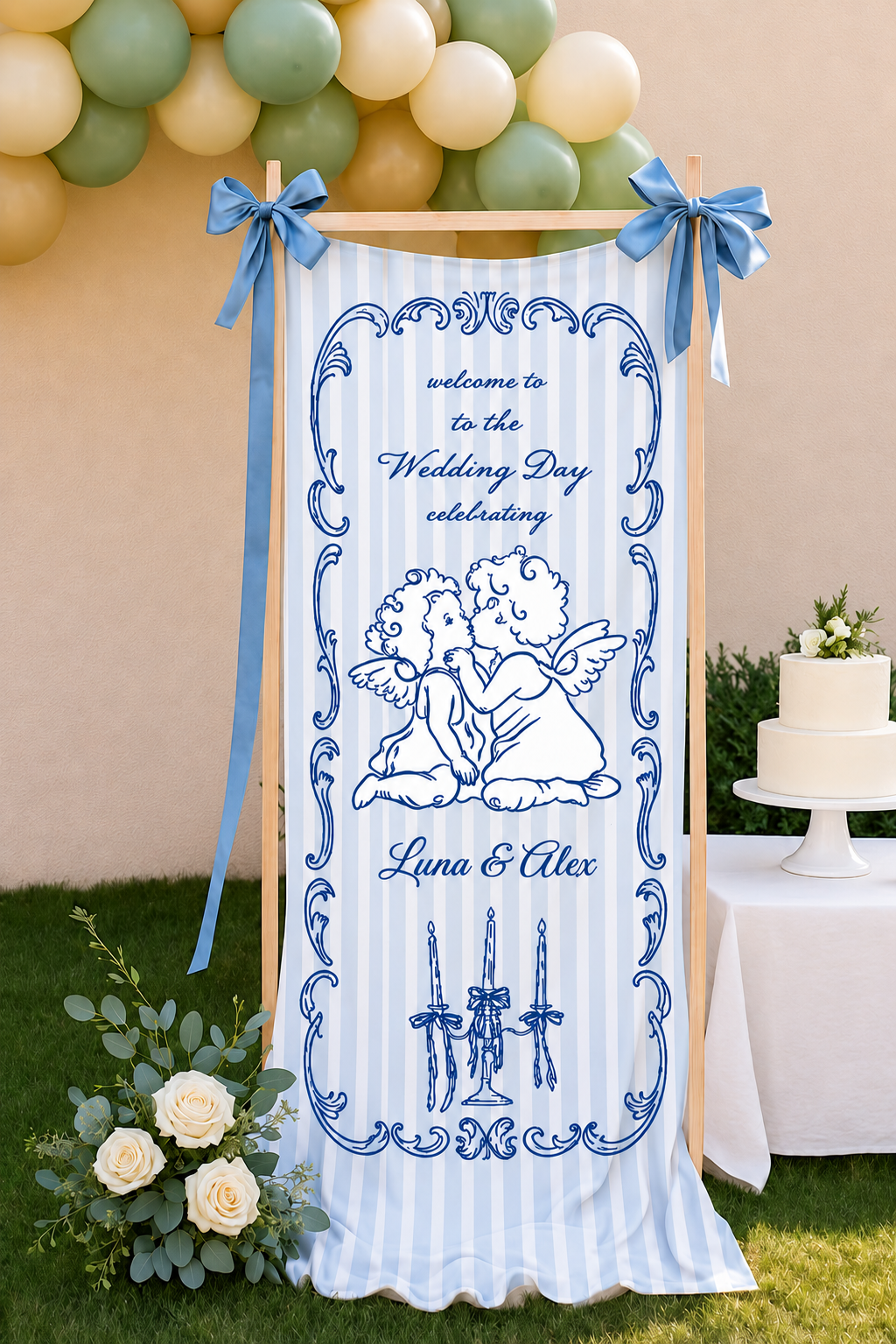 Personalized Vintage Cherub Wedding Banner Custom Couple Names and Date Fabric Wall Hanging Backdrop Decor