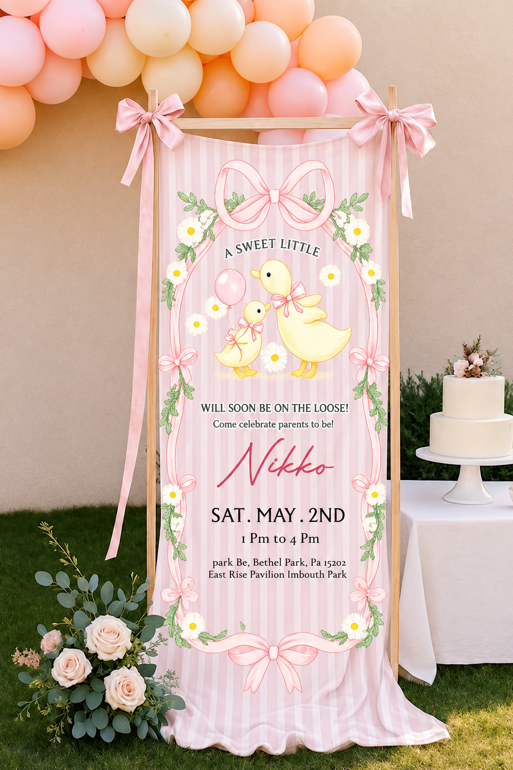 Personalized Sweet Little Duck Baby Shower Banner Custom Name Yellow Duckling Theme Fabric Party Sign Backdrop