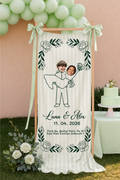 Personalized Wedding Cartoon Illustration Banner - Custom Couple Names and Date Fabric Welcome Sign for Ceremony Decor