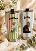 Custom Uploaded Pet Photo Tumbler - Personalized Dog or Cat Portrait Striped Travel Cup with Name - Portable Insulated Drinkware