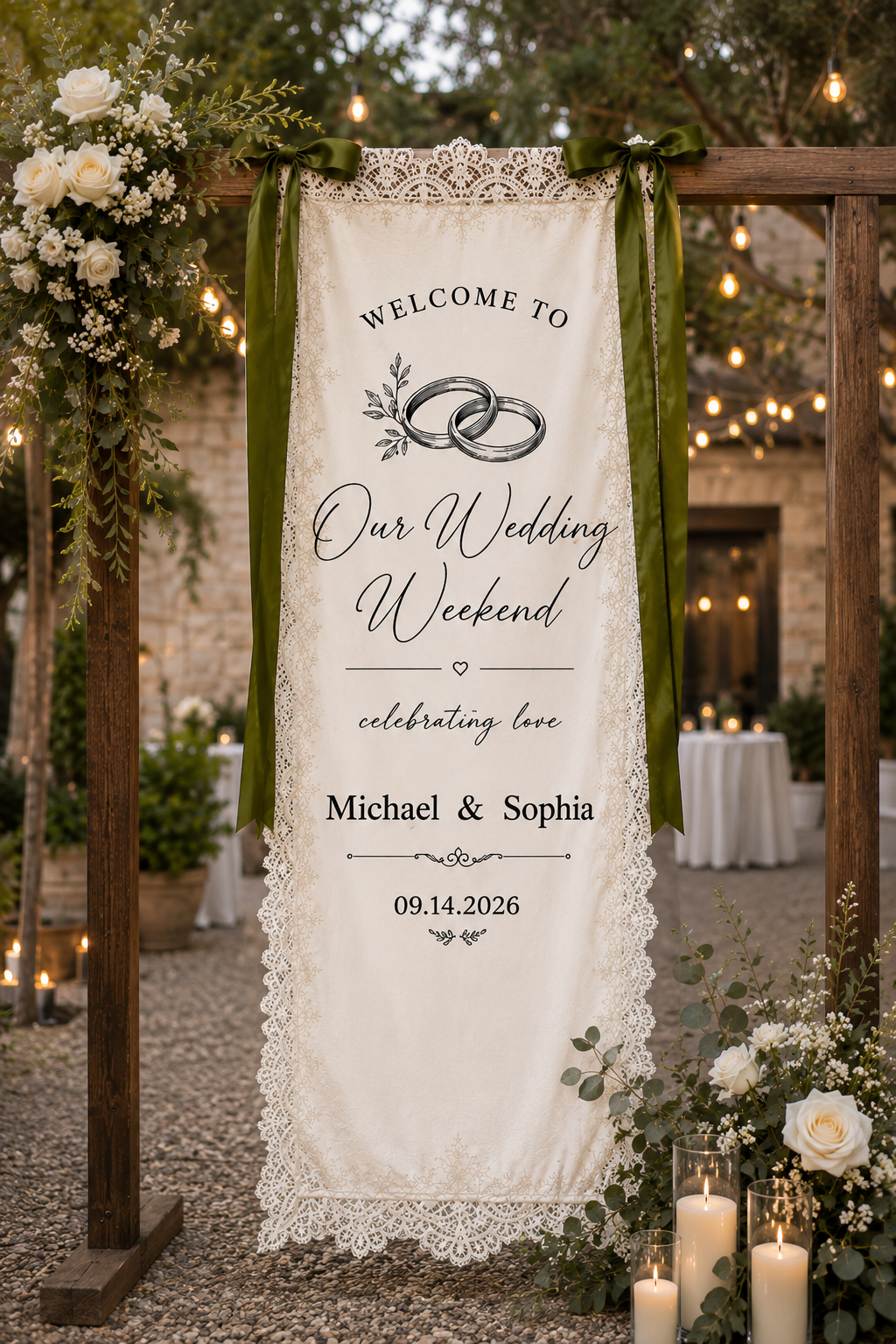 Custom Wedding Welcome Decor Personalized Hanging Fabric Banner with Couple Names and Wedding Date Vertical Entrance Sign