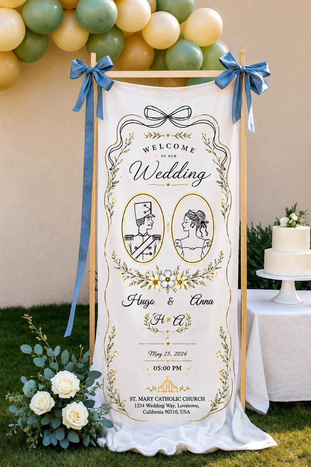 Personalized Royal Portrait Wedding Banner - Custom Couple Names and Date Fabric Ceremony Sign for Reception Entrance Backdrop