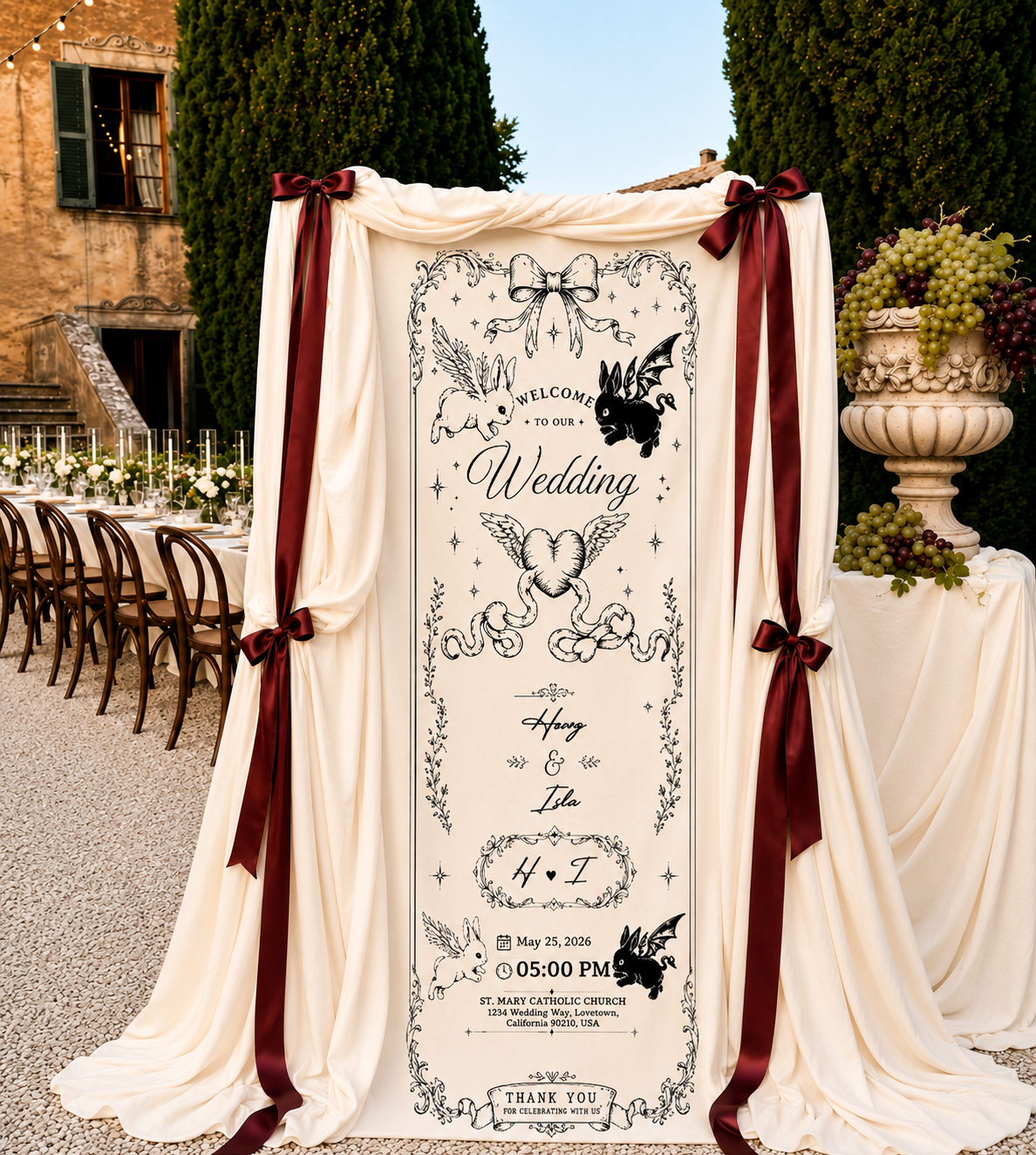 Personalized Gothic Romantic Wedding Banner Custom Name Ceremony Sign Dark Floral Fabric Backdrop for Reception and Photo Booth Events