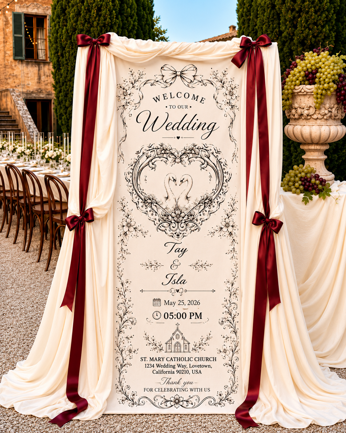 Personalized Wedding Swan Heart Fabric Banner - Custom Couple Names and Date Wall Hanging - Romantic Marriage Ceremony Backdrop Decor