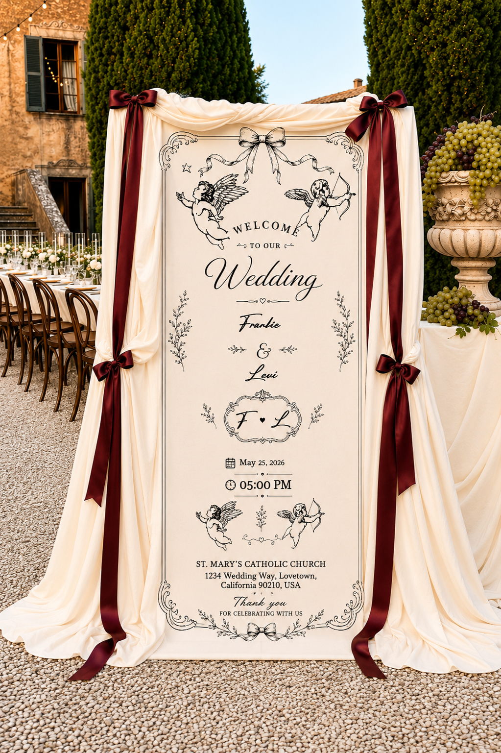 Personalized Vintage Cupid Wedding Banner Custom Couple Names Date Fabric Ceremony Sign Wall Hanging Tapestry
