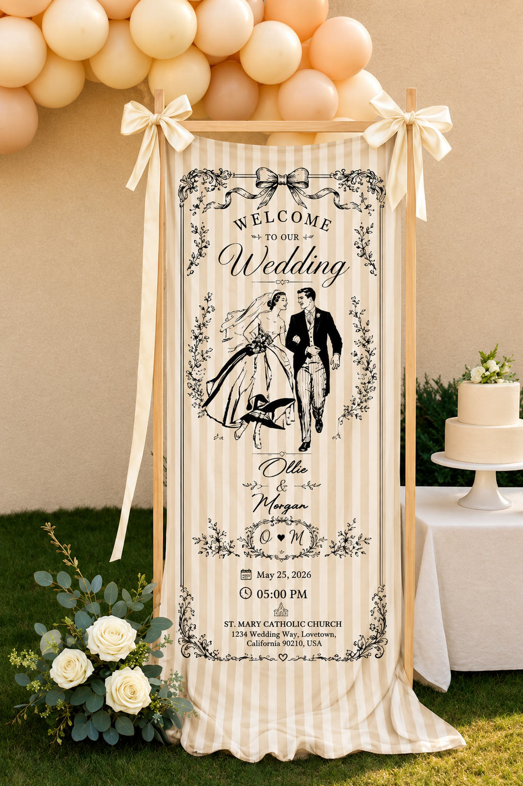Personalized Wedding Vintage Illustration Banner - Custom Names and Date Fabric Wall Hanging Ceremony Backdrop Decoration