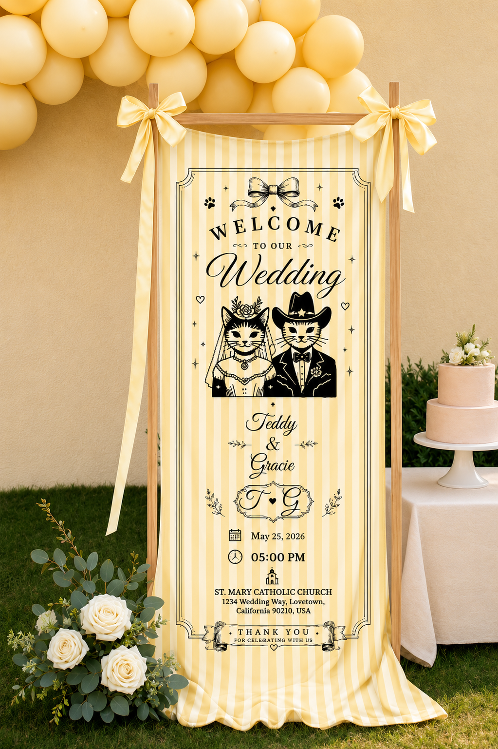 Personalized Wedding Cat Couple Fabric Banner - Custom Names and Date Wedding Backdrop - Lightweight Hanging Wall Decor For Ceremony