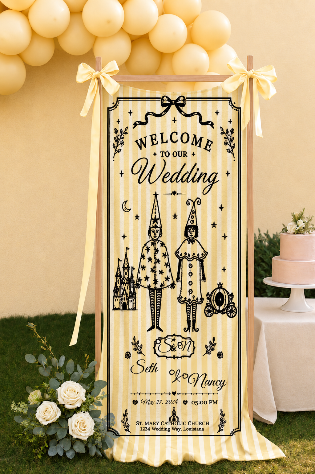 Personalized Wedding Fairytale Story Banner Custom Couple Names Date Floral Backdrop Fabric Welcome Sign Ceremony Decor