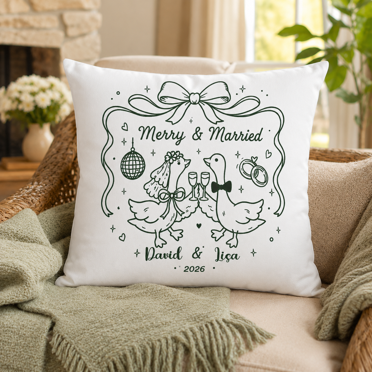 Personalized Goose Wedding Pillow - Romantic Couple Portrait Cushion Cover - Custom Names and Date Anniversary Keepsake Home Decor Gift