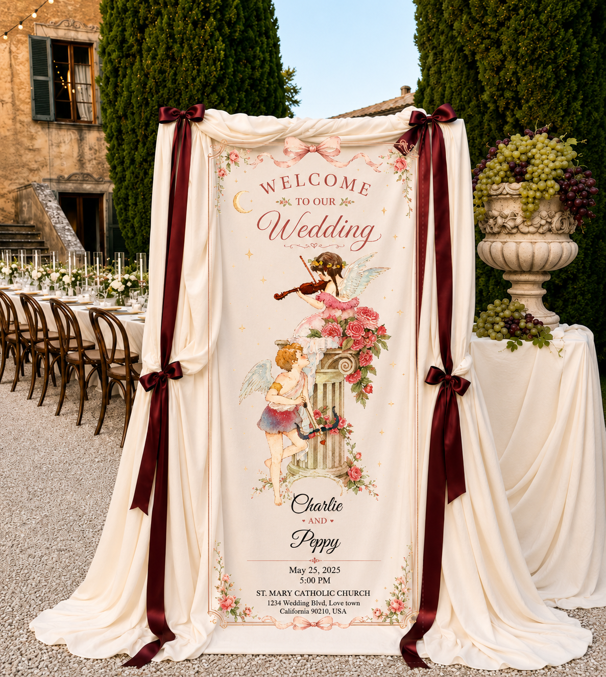 Personalized Wedding Cherub Watercolor Banner Custom Name and Date Ceremony Backdrop Lightweight Fabric Wall Hanging Decor