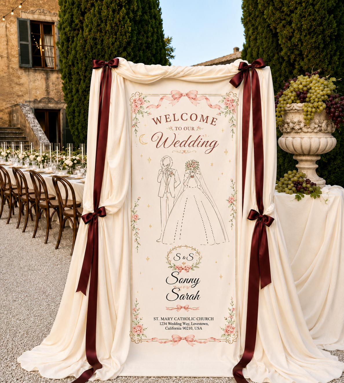 Personalized Wedding Rose Illustration Banner - Custom Couple Names and Date Fabric Sign - Floral Ceremony Backdrop
