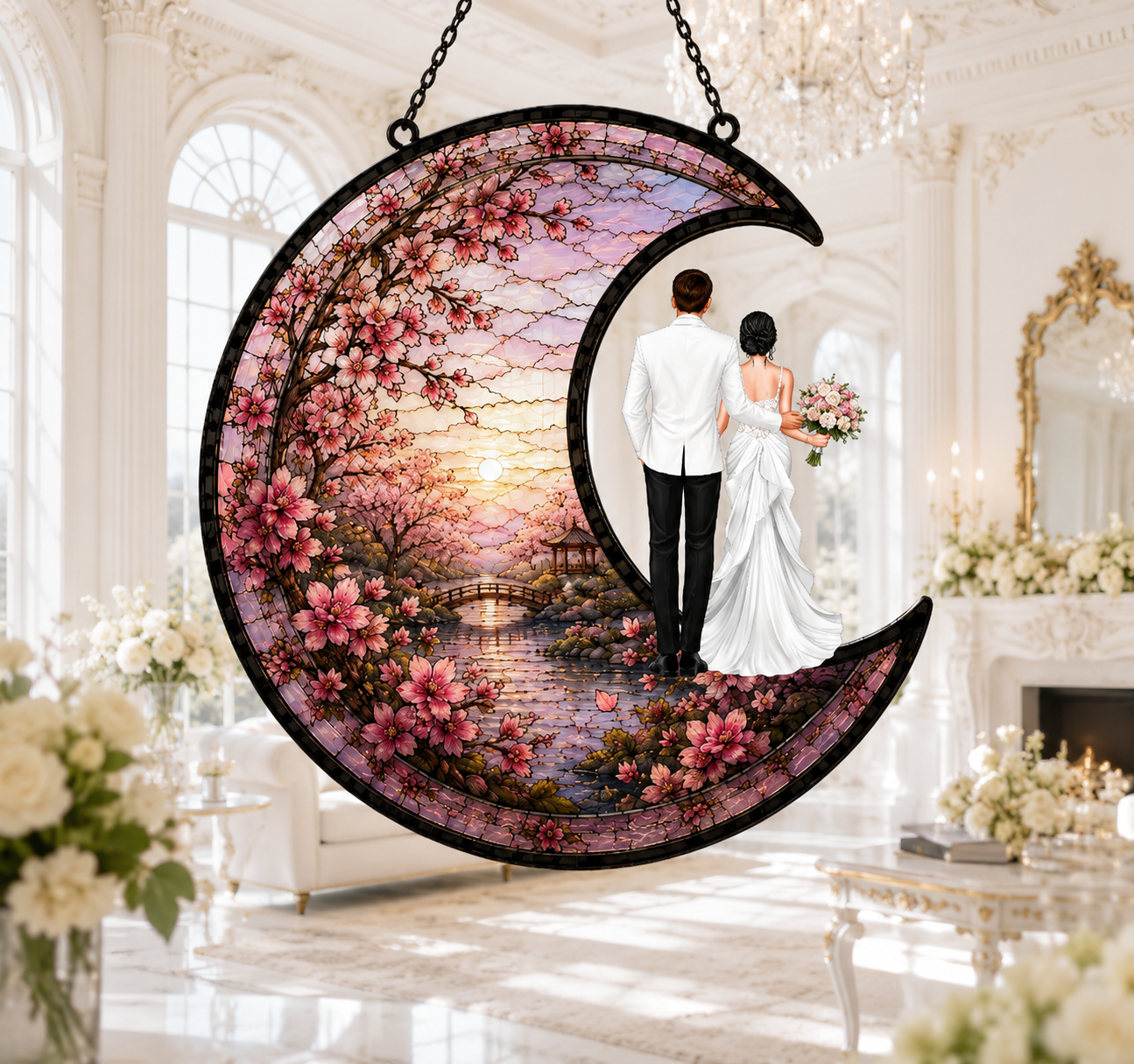 Custom Couple Stained Glass Moon Suncatcher Personalized Wedding Gift Heart and Moon Anniversary Decor Ornament