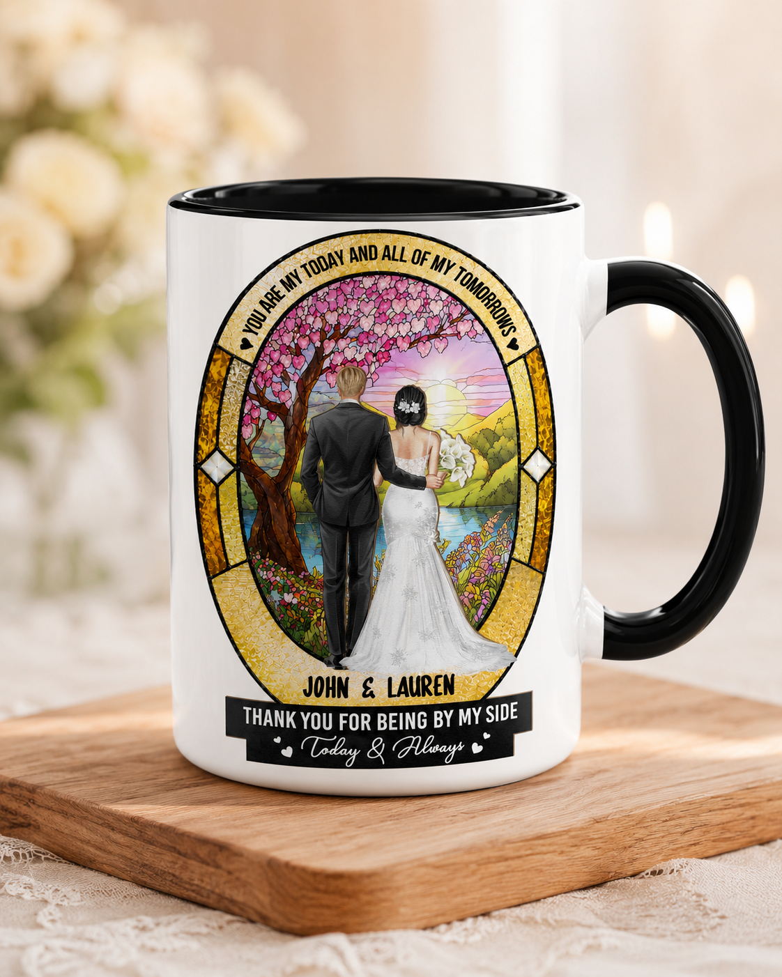 Custom Bride and Groom Mug Set Personalized Wedding Gift for Couples White Ceramic Coffee Cups with Script Text